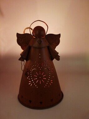 Rustic Punched Brown Metal Angel Candle Lantern with Heart Cutouts